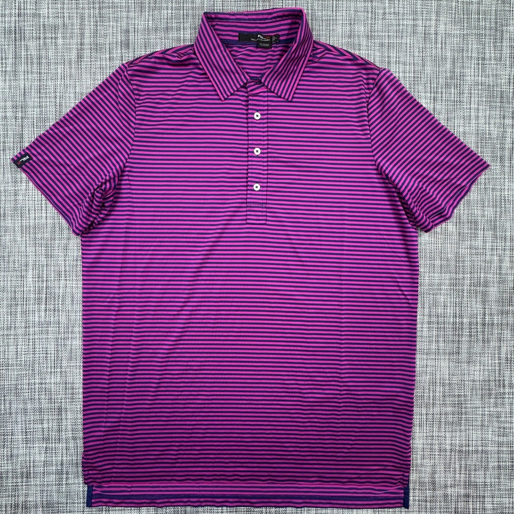 RLX Ralph Lauren Mens Large Polo Pink Navy Striped Golf Stretch Performance